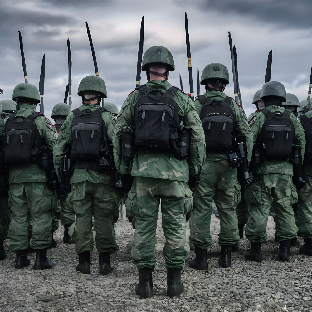 militares equipados com o que há de mais moderno em equipamentos, fardamento, coturno, capacete e mochila, vistos de frentes em uma formatura
