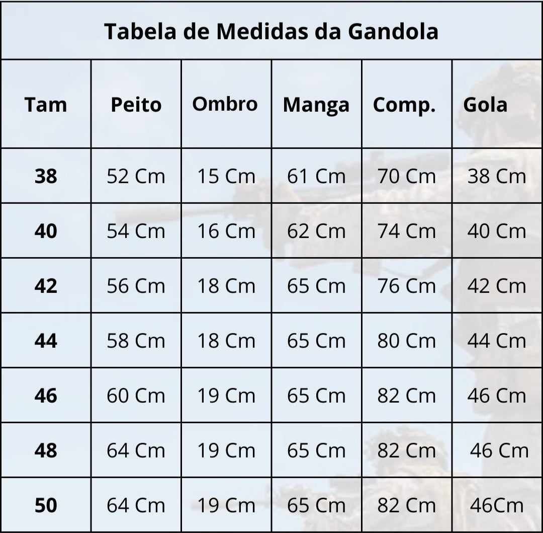 Farda Exercito Brasileiro Arranca Toco® | Novo Fardamento Alta Solidez tabela detalhada de medidas da gandola, onde contem medidas do peito, ombro, manga, comprimento e gola da peça