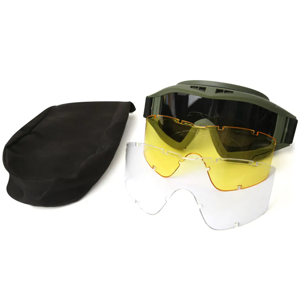 Se você leva sua segurança a sério, os Óculos Táticos Airsoft 3 Lentes são um item obrigatório no seu equipamento. Desenvolvidos com padrão tático militar, eles oferecem proteção completa contra vento, poeira, impactos e raios UV — essenciais para quem atua ou treina em ambientes exigentes.
opção com armação verde e lentes sobressalentes 2