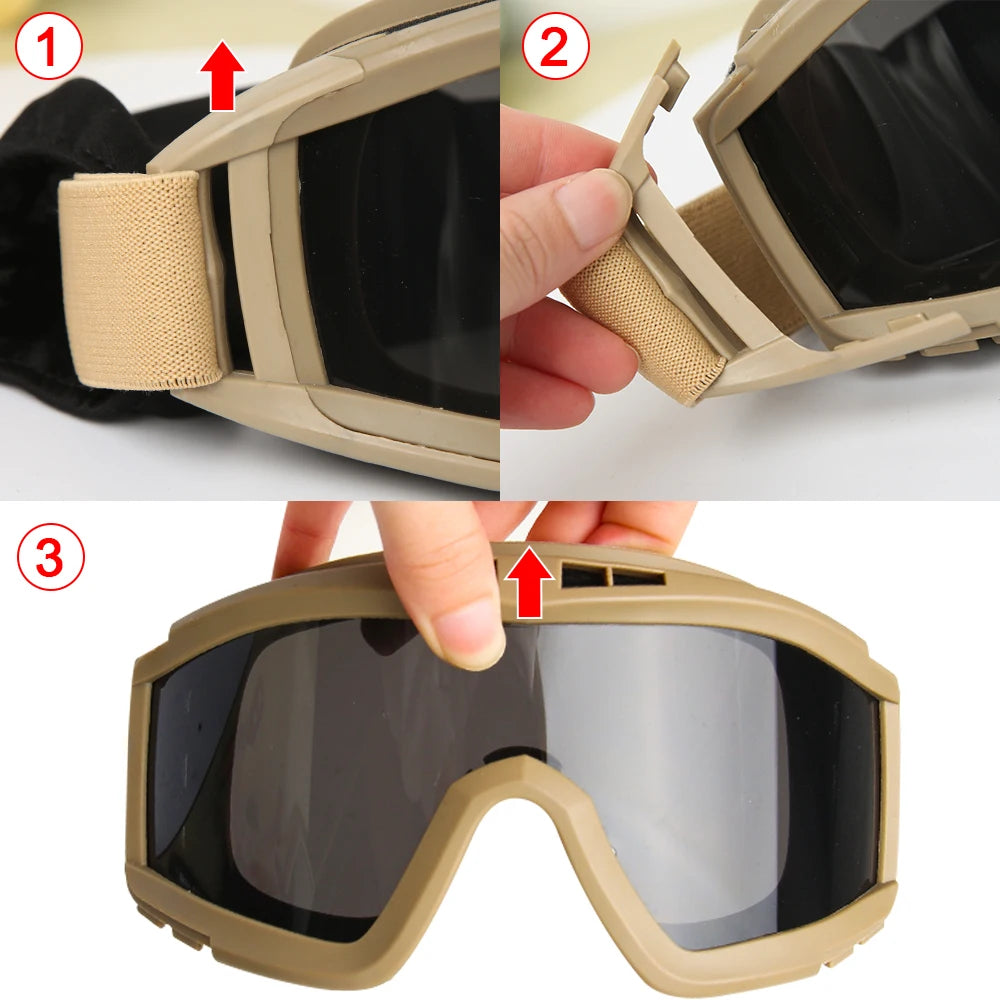 Se você leva sua segurança a sério, os Óculos Táticos Airsoft 3 Lentes são um item obrigatório no seu equipamento. Desenvolvidos com padrão tático militar, eles oferecem proteção completa contra vento, poeira, impactos e raios UV — essenciais para quem atua ou treina em ambientes exigentes.
detalhes da armação 